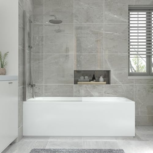 NRG 1700x700mm Bathroom Acrylic Straight Bath Bathtub + Chrome Round Bath Screen with White Front Panel