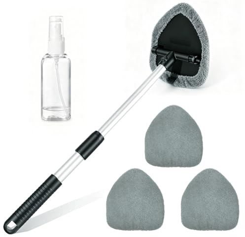 Pulitore Vetri Auto con Manche Telescopico Testa Girevole 180°, Kit Pulizia Vetri Auto con 4 Cuscinetti Microfibra Grigi e Flacone Spray