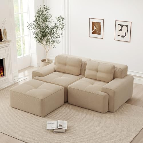 Sofá de esquina de 2 plazas, sofá modular sin marco de compresión al vacío con puf, 2 cojines, relleno de espuma 32D de alta densidad, sin montaje, beige (asiento prof. 74 + reposabrazos ancho. 30)