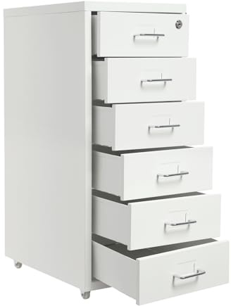 RIQUIPAI Rolling File Cabinet with 6 Drawers, Lockable Metal Filing Cabinet with Handle and Name Card, Filing Storage Drawers with Wheels, for Letter/A4 Size, for Home, Hotel, Office, School (White)