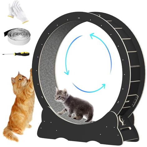 Rueda para Gatos XXL 110cm, Rodillo de Ejercicio Silencioso de Interior para Gatos Grandes Maine Coon, Cinta de Correr de MDF Robusto con Bloqueo de Seguridad, Alfombra Desmontable Lavable, Negro