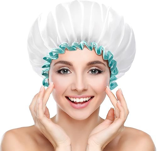 mikimini Weiße Duschhaube für Damen, Wasserdichte Wiederverwendbare Hauben für Frauen und Mädchen, Mittelgroße Doppellagige Waschbare Badehauben für Dickes Haar