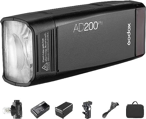 Godox AD200pro Outdoor Flash Pocket Flash 2.4G TTL Speedlite Flash Strobe HSS Monolight con 2900mAh Batería de Litio 200WS y Cabezal de Flash de Bombilla Descubierta para Cubrir 500 Destellos