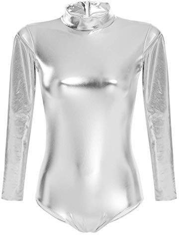IBTOM CASTLE Ballettanzug Damen Frauen Langarm Body Ballett Trikot Turnanzug Gymnastikanzug Tanzen Bodysuit Tanztraining Gymnastik Kostüm Einteiler Metallic One Piece Leotards Oberteile Silber L