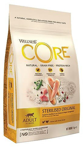 Wellness CORE Sterilised Original, Pute & Huhn, 4 kg, Premium Katzenfutter trocken für sterilisierte Katzen, ohne Zuckerzusatz, getreidefrei, mit hohem Fleischanteil, beugt Haarballen vor