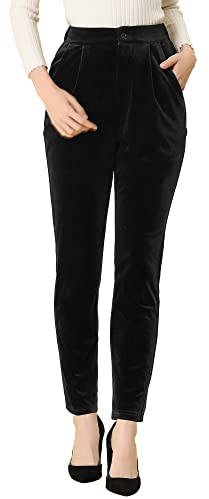 Allegra K Women's Velvet Pants High Waist Elegant Trousers with Pockets Work Business Ankle Pants Medium Black