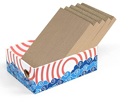 Conlun 5er-Pack Kratzbrett Katze mit Box, Beidseitige Kratzpappe für Katzen, Interaktive Öffnungen, Möbel-Schutz, Langlebig & Stabil (Mittel, Rot)
