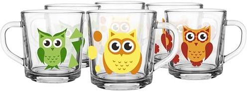 Glasmark KROSNO 1992 Set Di 6 Tazze Per Bambini Con Motivo Gufo Capacità Di 220 ml Tazza Da Latte Acqua Succo Con Manico Mug Verde x 2 Giallo x 2 Arancione x 2