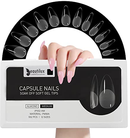 Beautilux 552 Pièces Capsule Americaine Ongle, 12 Tailles Amande Medium Capsules Ongles, Transparente Soak Off Faux Ongles Pour Manucures à Domicile Et Salons De Manucure