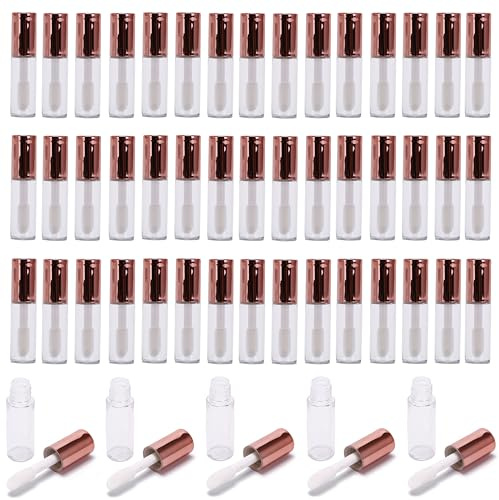 SKYPRO 50pcs 1.2ml Clear Pretty Lip Gloss Tube Empty Lip Balm Bottle Containers with Rubber Inserts for Samples Makeup Travel (rose golden Lid)