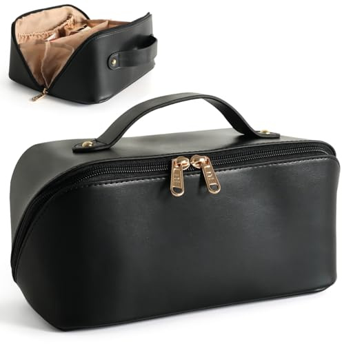 MAMUNU Large Capacity Cosmetic Travel Makeup Storage Bag with Handle Portable Zipper Cosmetic Toiletry Makeup Bag Large with Compartments for Women Girls (Black)