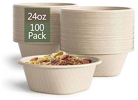 24 Oz Disposable Bowls, [100 Pack] Paper Bowls Disposable - Heavy Duty and Eco-friendly Sugarcane and Bamboo Bagasse Biodegradable Bowls for Cereal, Rice, French Fries - Convenient and Compostable