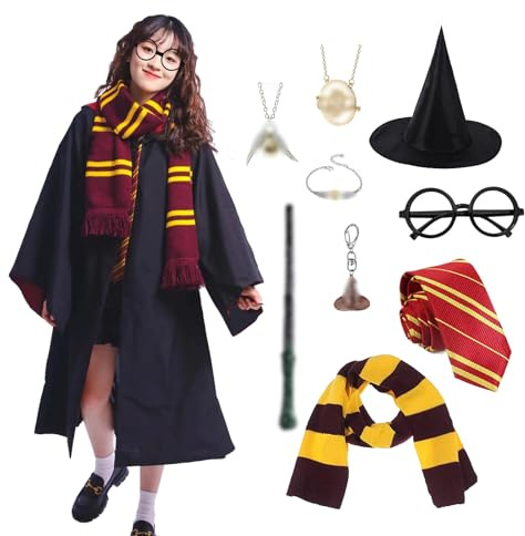 JMOCD Costume Magicien Adulte Enfant, Ensemble de Halloween Deguisement Cape avec Lunettes, Baguette Magique Lumineuse, Écharpe et Cravate Accessoires pou Garçons Filles Adolescent (135 (3-6ANS))