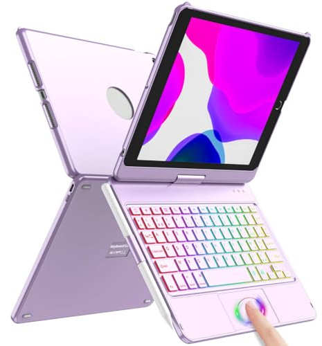 SZO Clavier Coque pour iPad 9/8/7ème Génération 10.2 2021/2020/2019, 360° Touchpad Flip Coque Dure Slim Cover, 7 Rétroéclairages, Clavier Bluetooth avec Mise Veille/Réveil Automatique, Violet