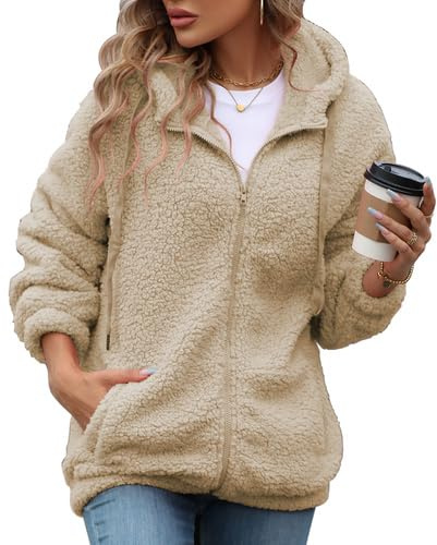 Vipwest Womens Full Zip Fleece Jacket 2026 Fall Winter Long Sleeve Hooded Sherpa Coats with Pockets (Dark Apricot, 5X-Large)