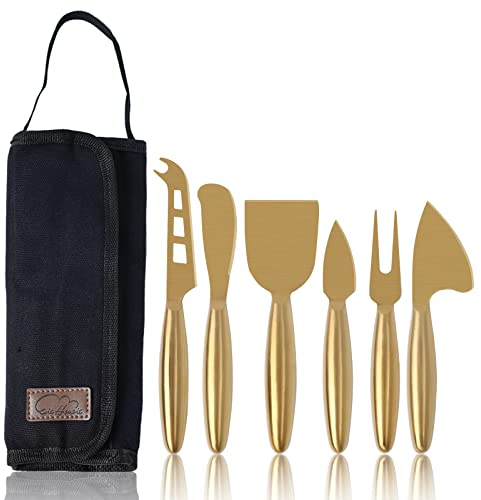 Esie Houzie Gold Käsemesser Set Von 6,Heavy Duty Edelstahl Käsemesser Charcuterie Board Zubehör Mit Tragetasche Für Reisen Party Und Urlaub Käse Servieren