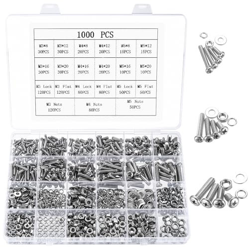 1000 STK M3 M4 M5 Schrauben Set, Rundkopfschrauben Muttern Set, Linsenkopfschrauben und Muttern und Unterlegscheiben Set, Edelstahl Maschinenschrauben Sortiment, Kreuzschlitzschrauben mit Muttern