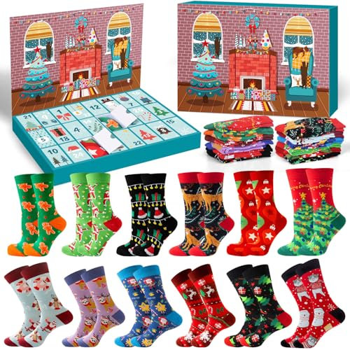 iZoeL Socken Adventskalender 12 Weihnachtssocken für Männer Frauen Sockenkalender 2025 Erwachsene Socken Füllung für Weihnachtskalender für Teenager Jungen Mädchen