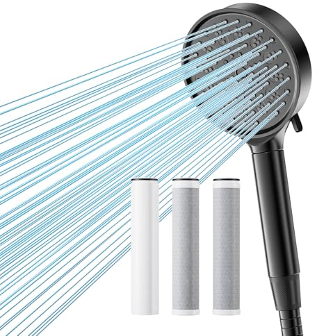 Hard Water Filter Shower Head and Hose, Shower Head with 1 Pack 20 Stage Shower Filter and 2 Pack Replacement 2.0 Carbon Shower Filter, Water Softener Showerhead for 99% of Chlorine Remove (Black)