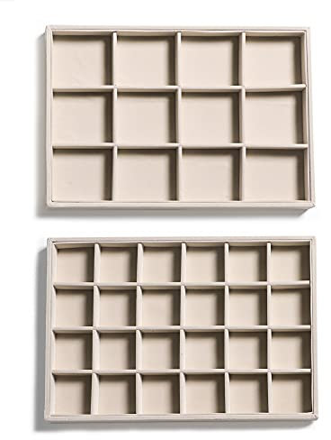 Frebeauty Stackable Velvet Jewellery Organiser Trays for Drawers Inserts Jewellery Storage Tray Display Case, Stud Earrings Bracelets Necklace Rings Accessories Trays for Women Girls(Set of 2 Beige)