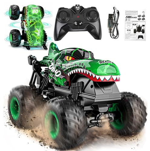 BEZGAR Monster Truck Toys Remote Control Cars for Kids, 1:20 Scale Green | RC Monstertruck with Light & Music, 360° Spin & Drifting, Dinosaur Toys, Gift for Boys Girls