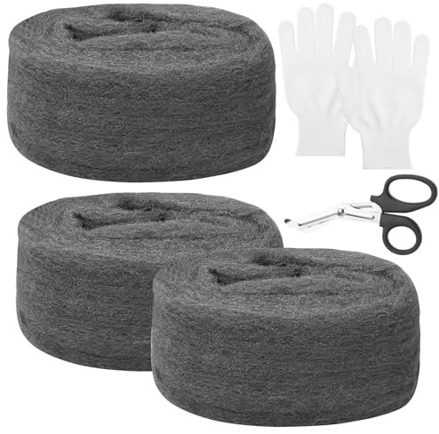 APOMOONS 3 rollos de lana de acero contra ratones, 3 m, lana de acero 000 fina, con guantes de trabajo y tijeras, para agujeros y grietas de la pared, para casa, garaje, jardín y para limpiar