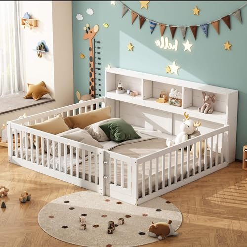 Bodenbett Kinderbett 140x200 cm mit Stauraum und Kopfteil, Hausbett Holzbett mit Lattenrost, Bett für Kinderzimmer, Bettgestell aus Kiefernholz, Weiß