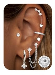 CASSIECA 7 Pairs Flat Back Earrings for Women Hypoallergenic Surgical Steel Earrings for Sensitive Ears Dangle Chain Earrings for 2 Piercings Ear Stack Huggie Hoop Silver Stud Earrings Set