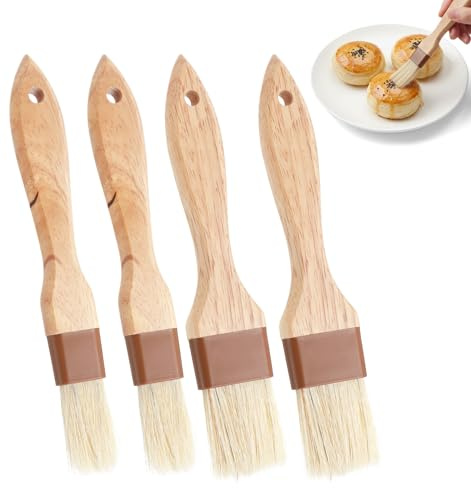 4 Pcs Pastry Brush, Natural Bristle Basting Brush Wooden Handle Pastry Brushes Food Grade Oil Brushes for Cooking, Beech Wooden Handle, 1 Inch & 1.5 Inch Perfect for Baking Cooking BBQ