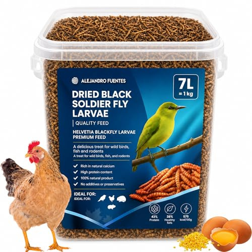 AF® Larve di Mosca Nera Essiccate 1kg, 7L Alternativa Camole della Farina Mangime Uccelli Selvatici 43% Proteine, Snack Naturale per Galline e Ricci, Più Energia 575kcal con Zip