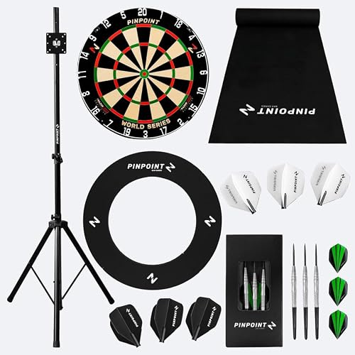 PINPOINT Freestanding Darts Bundle – Regulation Sisal Dartboard with Stand, Rubber Darts Mat, EVA Surround, Brass Darts & Moulded Flights – Indoor Home & Game Room Set (World Series)