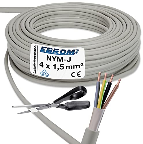 Au mètre près : Ebrom, Câble NYM-J gainé 4 x 1,5 mm², Câble d'installation gris - Sélection par incréments de 1 m - Exemple : 5 m - 10 m - 15 m - 18 m - 20 m - 25 m - 50 m, etc.