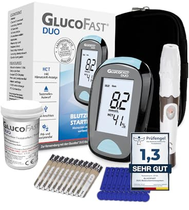 GLUCOFAST Duo Blutzuckermessgerät Starter-Set – inkl. 10 Teststreifen & Lanzetten | mmol/L Diabetes Messgerät | präzise Blutzuckermessung – kompakt & einfach anzuwenden