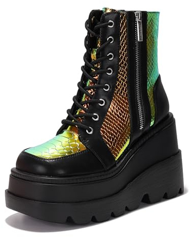 Cape Robbin Women's Holographic Platform Ankle Boots Chunky Block Heel Lace Up Side Zip (Radio) Black 6