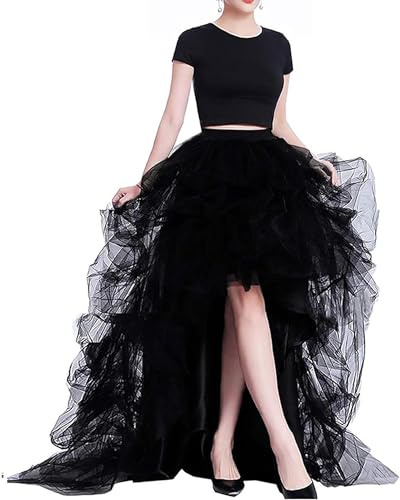 Lisong Women's Hi-Lo Elastic Waist Tulle Bustle Skirt Spectial Occasion Long Festival Party Skirt XL Black