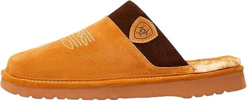 ARIAT Men's House Slippers, Silversmith Square Toe, Leather with Faux Shearling Lining (Chestnut)