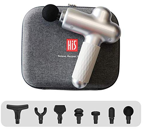 Hi5 Sportster - Masajeador de vibración, pistola de masaje, masaje muscular, fascia, tejido relajante, 7 cabezales, color plateado