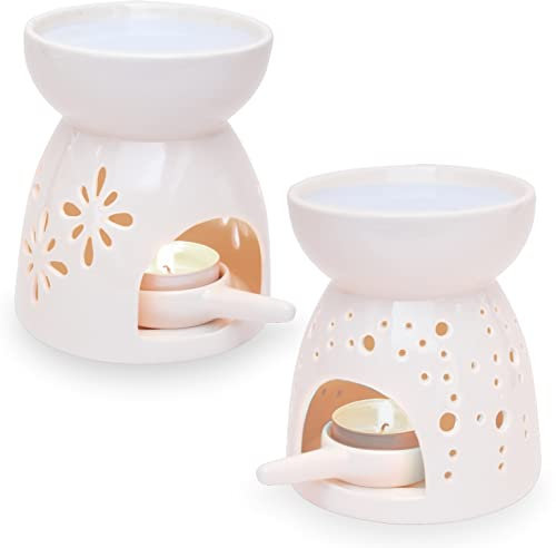 Ligano Duftlampe aus Keramik – Aromalampe mit Teelicht-Halter – Duftlicht 2er Set (Blumen und Punkte)