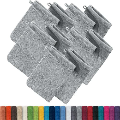 Erwin Müller Waschhandschuh, Waschlappen Heidelberg 10er- Pack, 100% Baumwolle hellgrau Größe 15x21 cm - weiche Qualität, saugstark und strapazierfähig - praktisch durch Schlaufe