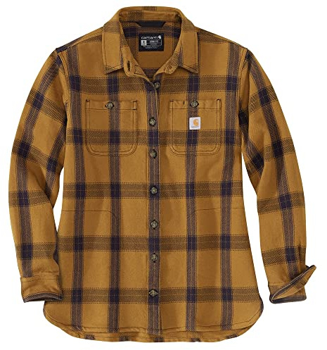 Carhartt Loose Fit Heavyweight Twill Long-Sleeve Plaid Shirt, Camisa con Botones de Utilidad de Trabajo De Las Mujeres, Carhartt Brown,