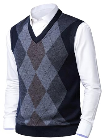 Btmpmcs Mens Knitted Sleeveless Thick Tank Top Casual V-Neck Jumper Knitted Gilets Argyle Sweater Vest Business Knitwear Waistcoat Gentleman Slipover Autumn Winter Pullover Navy Blue