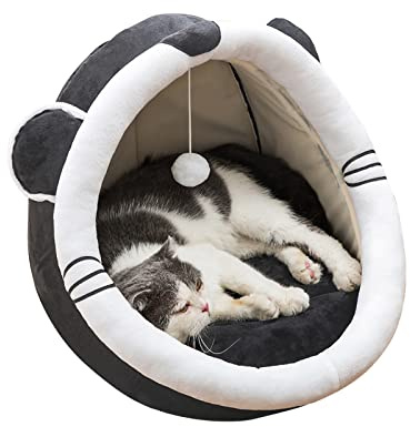 Andiker Letto per Gatti per Interni, 40 x 40 x 33 cm, Nido Semichiuso in Peluche Lavabile Staccabile con Palla di Pelo per Regali (Grigio, Topo)