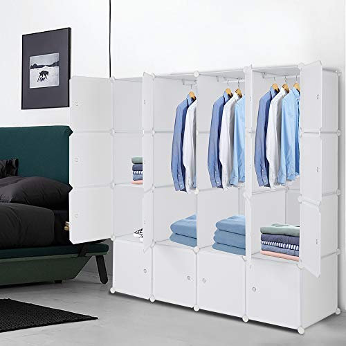 LEADZM Regalsystem, 16 Würfel, Kunststoff-Kleiderschrank mit Türen, Modulares Schranksystem zur platzsparenden Aufbewahrung, 140 x 45 x 140 cm, Weiß