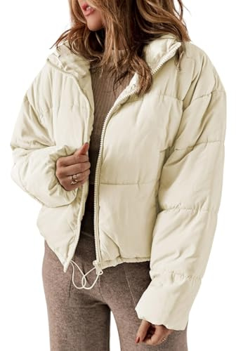 Dokotoo Puffer Jacket Womens Winter Clothing for Women Casual Quilted Jackets Fashion Full Zip Long Sleeve Drop Shoulder Oversized Stand Collar Padded Coats Baggy Warm Outerwear with Pockets Beige L