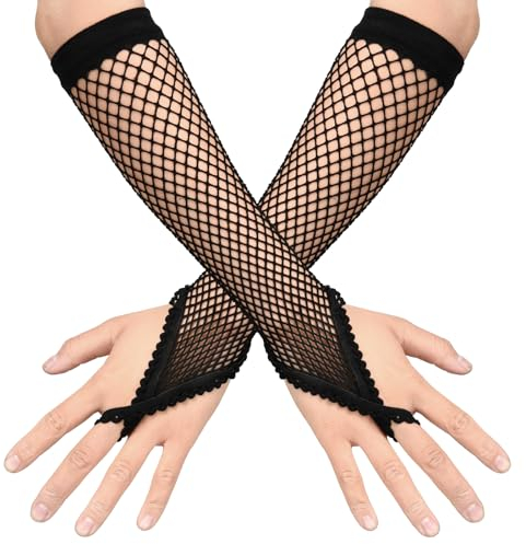 Telooco Lang Fingerlose Netzhandschuhe Damen Schwarz Fischnetz Handschuhe Netz Armstulpen mit Spitze Fingerschlaufe Nylon Handschuhe für Damen Mädchen 80er 90er Jahre Motto Party Outfits