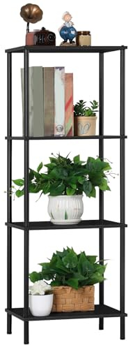 Narrow End Table Tall Black Side Table 4 Tier Wooden Metal Modern Plant Flower Display Stand Rack with Storage for Living Room Bedroom Bathroom