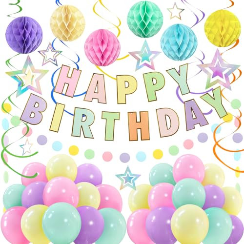 ZERODECO Decoración para Fiestas de Cumpleaños - Banderola Feliz Cumpleaños en Tonos Pastel Fácil de Montar con Bola de Panal, Globo, Banderines en Espiral y Guirnalda - Decoraciones para Mujeres