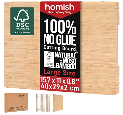 Large Bamboo Chopping Board with Handle – Truly Non Toxic Glue Free 2cm Thick Wood Cutting Serving, Pre-Oiled, Knife-Friendly, Kitchen Essential Gift 40x29cm – Dishwasher Safe [New 2026 Upgrade]