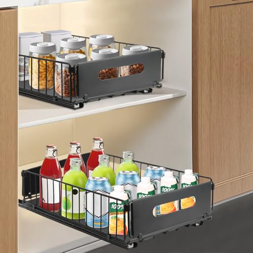 ELEPRUC Teleskopschublade, Schubladen Organizer, Erweiterbar Ausziehbare Schubladen-Aufbewahrungsregale für Küchenschränke Kein Bohren und Nageln, 37 x 10.5 x 24.5cm, Schwarz