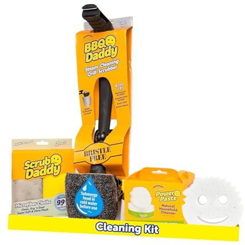 Scrub Daddy Household Cleaning + BBQ Bundle - BBQ Daddy Bristle Free Grill Brush - 2 Microfiber Cleaning Towels - All Purpose Cleaner PowerPaste Cleaning Paste + Scrub Mommy Sponge